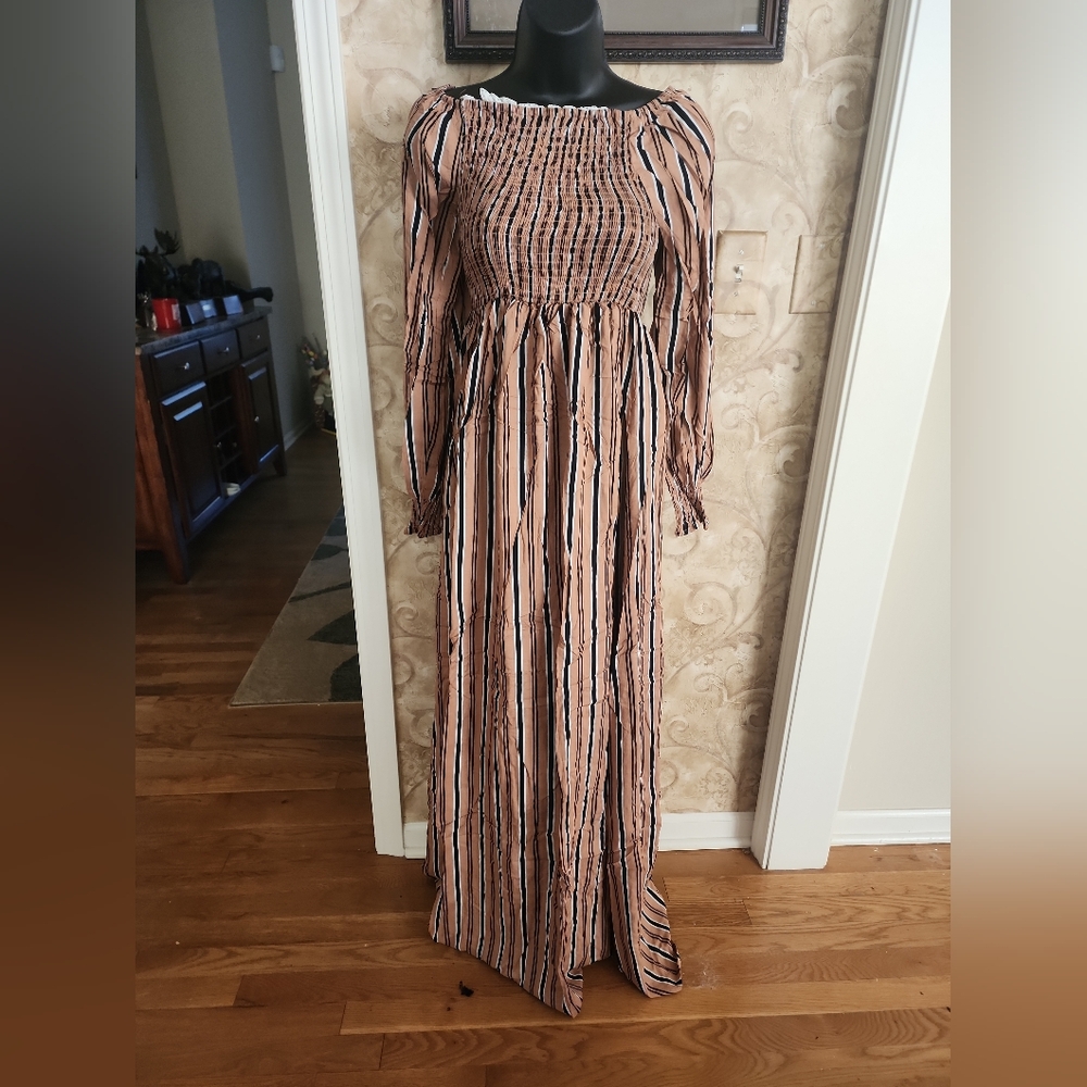 Cotton Smocked Maxi Dress Modest Jalabiya Boho Cottagecore Long Sleeve - Picture 2 of 5